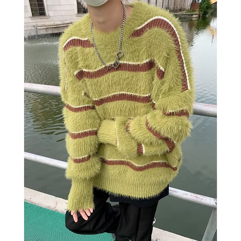 Niche Design Sense Contrast Color Striped Imitation Mink Fleece Crewneck Sweater Men'S Lazy Fashion Brand Ins Loose Trendy Sweater - Image 5